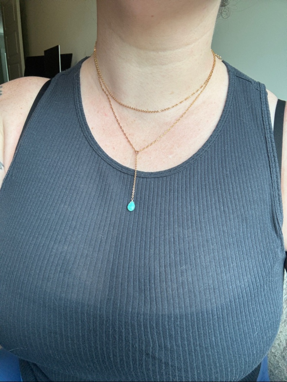 Gold Plated Lariat Necklace Turquoise Teardrop Pendant Y Necklace Layered Boho - Picture 1 of 16